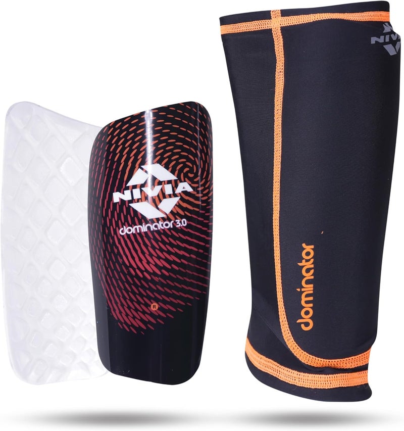 Nivia Dominator Football Shin Guards with Sleeves, Large (Black/Orange) - Image 1