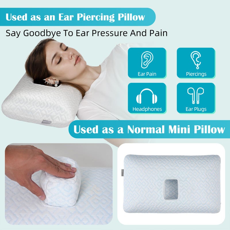 USlixury Ear Piercing Pillow with Foam Plug - Ear Pillow with Off Center and 5.1"X3.2" Ear Hole, Soft CertiPUR-US Memory Foam, Cooling Piercing Pilow for Side Sleepers, Blue, 22"X13"X4'' - Image 2