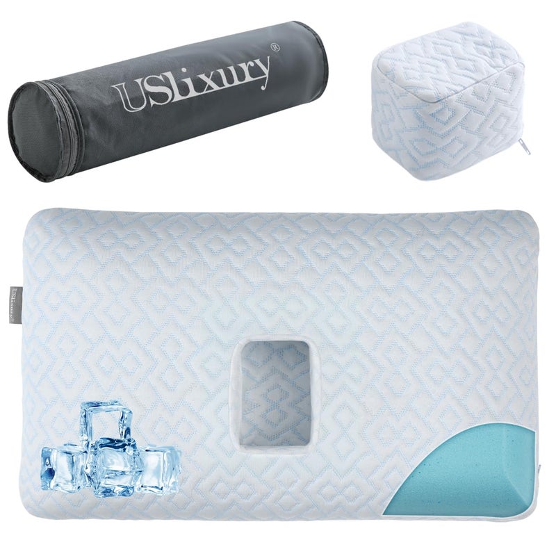 USlixury Ear Piercing Pillow with Foam Plug - Ear Pillow with Off Center and 5.1"X3.2" Ear Hole, Soft CertiPUR-US Memory Foam, Cooling Piercing Pilow for Side Sleepers, Blue, 22"X13"X4'' - Image 1