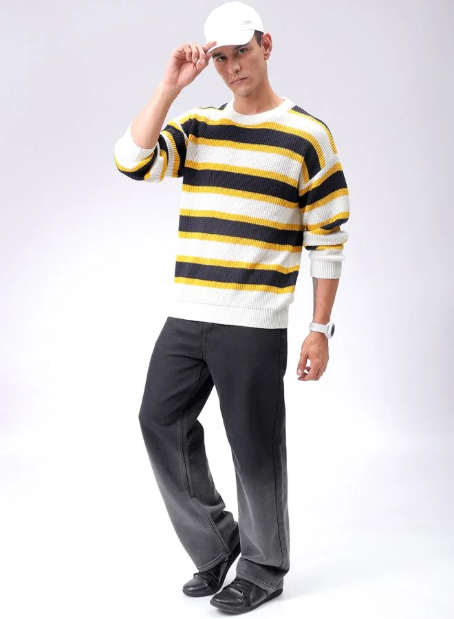 شركة المرآب الهندية Men Oversized Striped Crew Neck Sweater