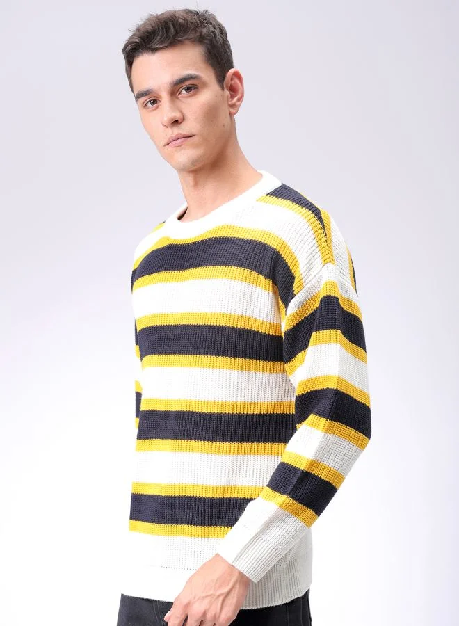 شركة المرآب الهندية Men Oversized Striped Crew Neck Sweater