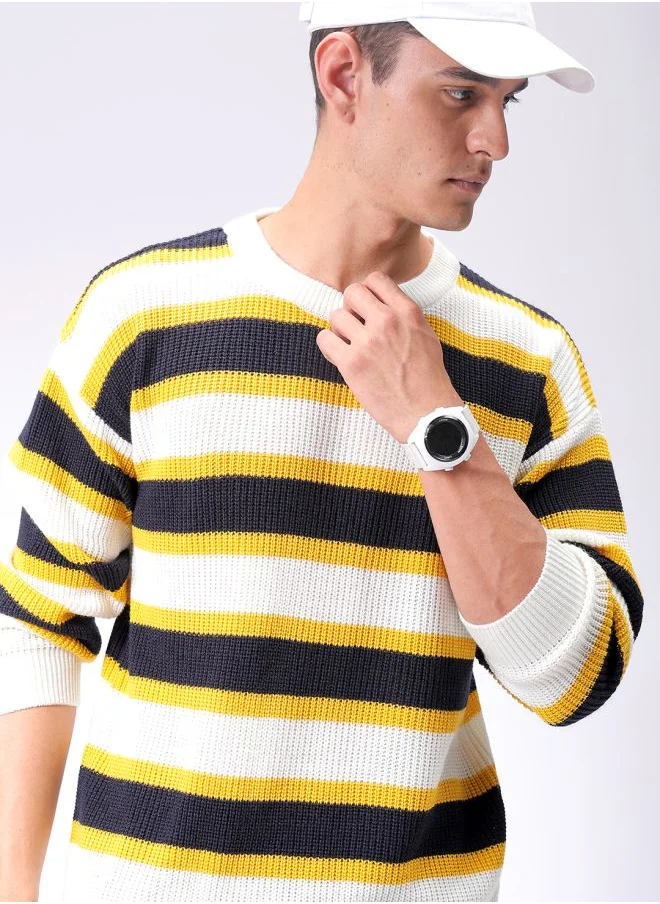 The Indian Garage Co Men Oversized Striped Crew Neck Sweater