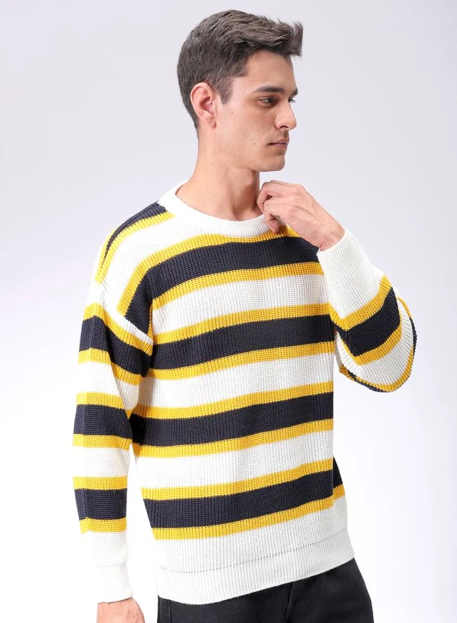 شركة المرآب الهندية Men Oversized Striped Crew Neck Sweater