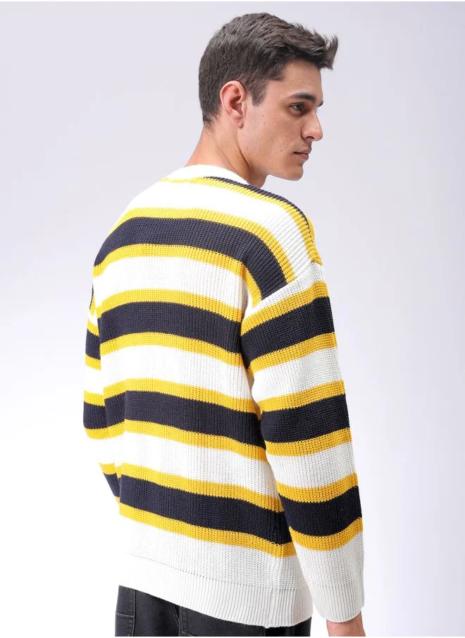 The Indian Garage Co Men Oversized Striped Crew Neck Sweater