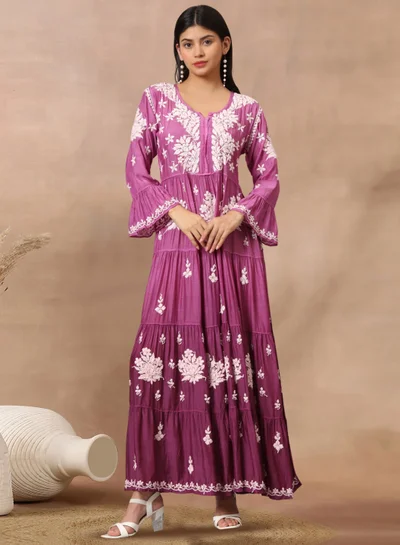 Alaya Hand Embroidered Chikankari A-Line Gathering Pattern Muslin Jalabiya-AL4003