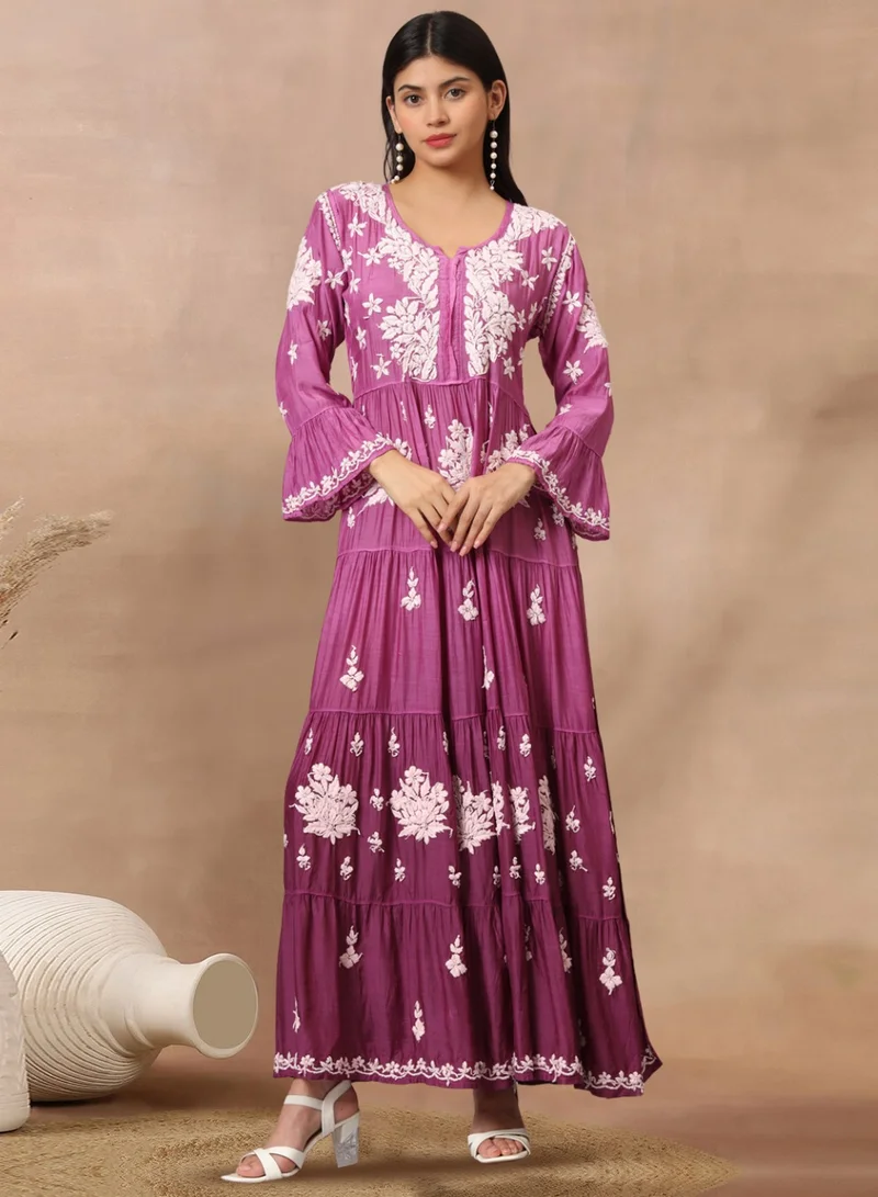 Alaya Hand Embroidered Chikankari A-Line Gathering Pattern Muslin Jalabiya-AL4003