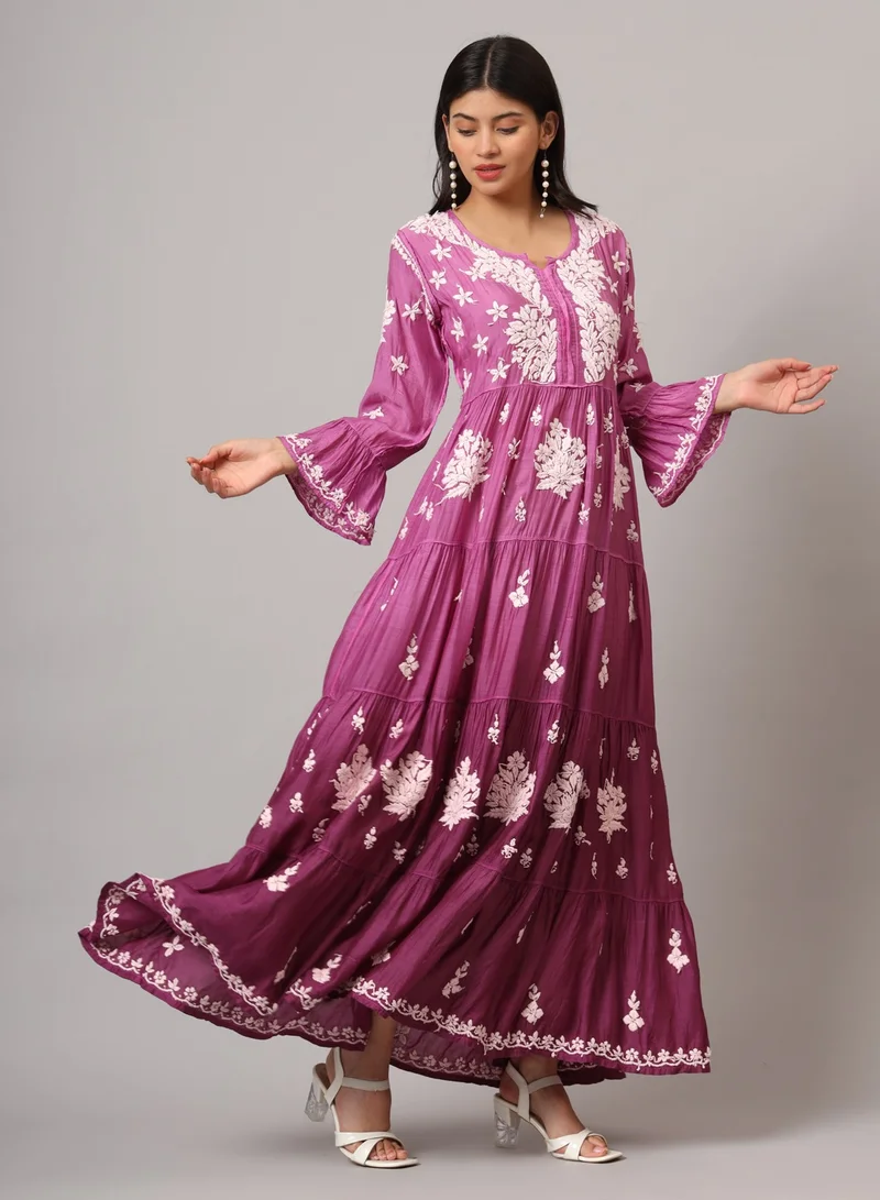 Alaya Hand Embroidered Chikankari A-Line Gathering Pattern Muslin Jalabiya-AL4003