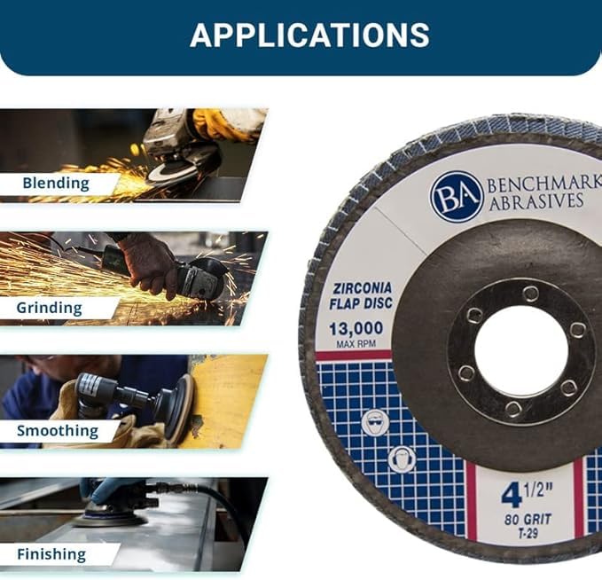 Benchmark Abrasives 4.5" x 7/8" Premium Zirconia T29 Angled Flap Discs 4 1/2 for Angle Grinder, Sanding Discs, Finishing, Rust, Stock Removal- Grinding Wheels 4 1/2 Inch (10 Pack) - 80 Grit - Image 3