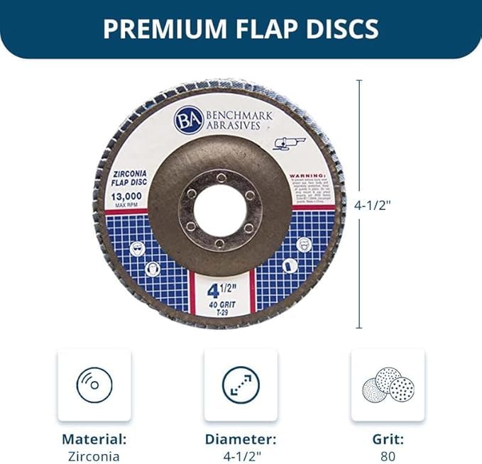 Benchmark Abrasives 4.5" x 7/8" Premium Zirconia T29 Angled Flap Discs 4 1/2 for Angle Grinder, Sanding Discs, Finishing, Rust, Stock Removal- Grinding Wheels 4 1/2 Inch (10 Pack) - 80 Grit - Image 5