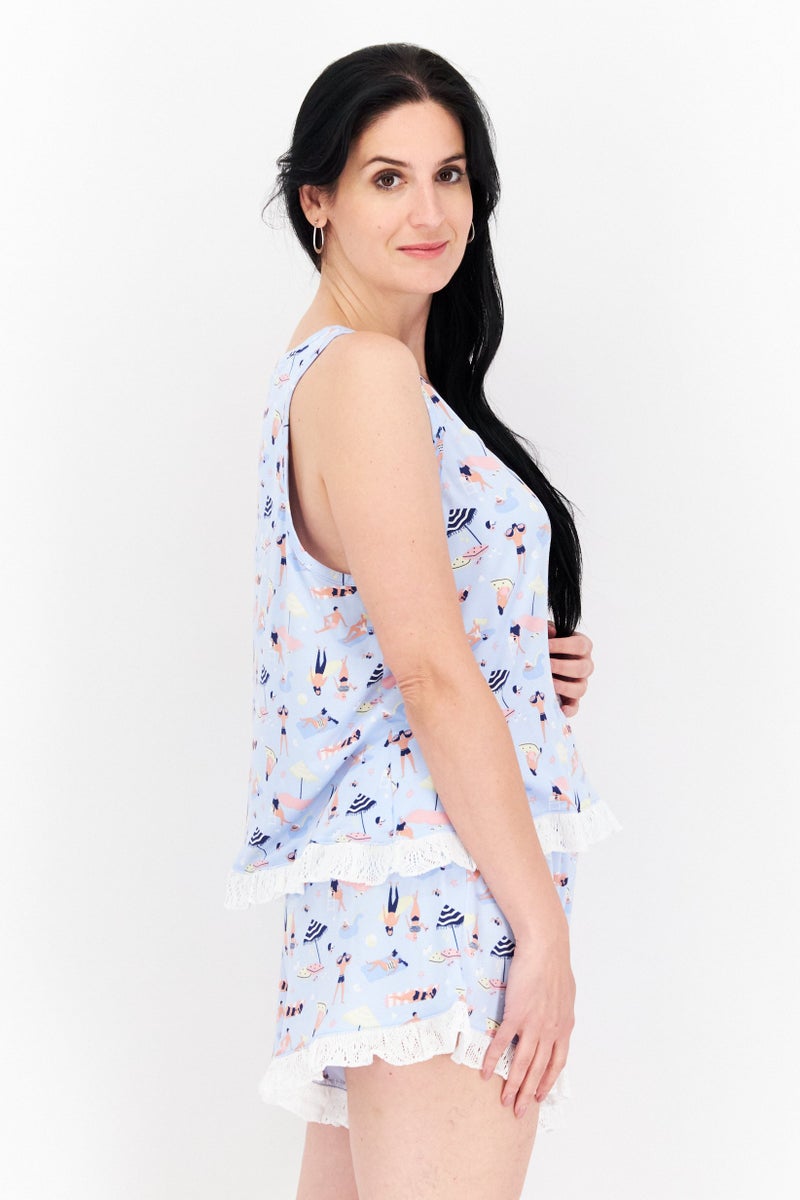 PJ Couture Women 2 Pc Sleeveless Graphic Print Pajama Set, Blue Combo - Image 3