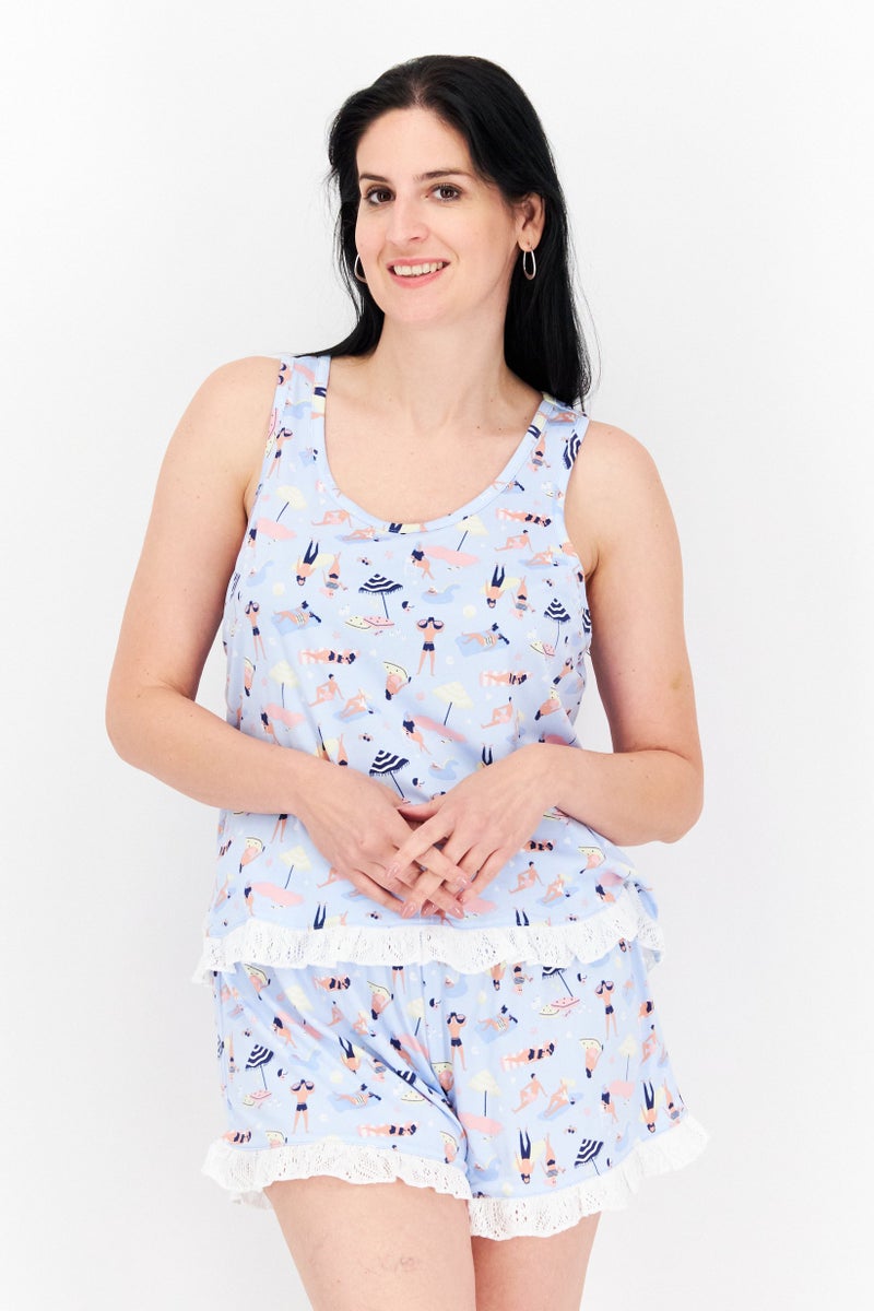 PJ Couture Women 2 Pc Sleeveless Graphic Print Pajama Set, Blue Combo - Image 1