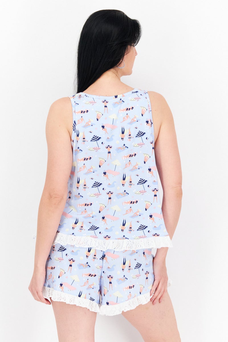 PJ Couture Women 2 Pc Sleeveless Graphic Print Pajama Set, Blue Combo - Image 2