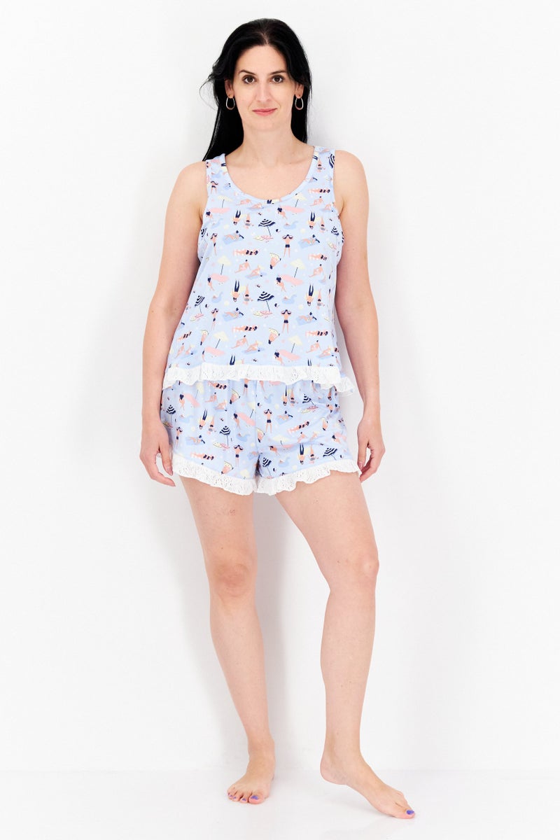 PJ Couture Women 2 Pc Sleeveless Graphic Print Pajama Set, Blue Combo - Image 4