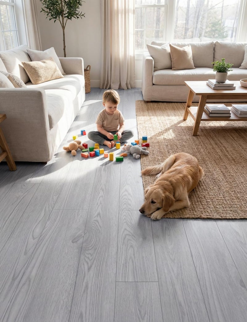 FOGZUVR 2 لفات 23.6''x10FT من لفائف الأرضيات الفينيل 38.75 قدم مربع: بلاط أرضيات قابل للتقشير واللصق ذاتي اللصق متين مقاوم للماء بتصميم خشبي لوح كبير لغرفة المعيشة، غرفة النوم، الحمام (رمادي فاتح، 23.6''x10FT) - Image 3