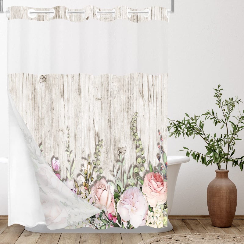Tititex No Hooks Snap in Liner Pink Roses with Rustic Wood Shower Curtain Sets Hotel Luxury Double Layers Waterproof Fabric  SeeThrough Top Window Bathroom Decorative 72x72 Inch