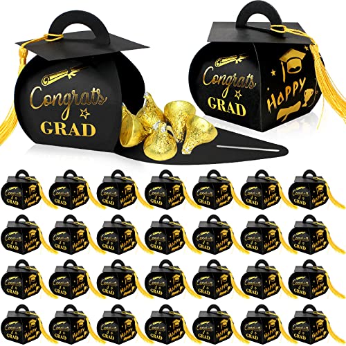 Tuzuaol 30 Pcs 2025 Graduation Candy Boxes Graduation Cap Gift Box with Tassel, Class of 2025 Graduation Party Favors Boxes for Congrats Grad (Black and Gold) - Image 1