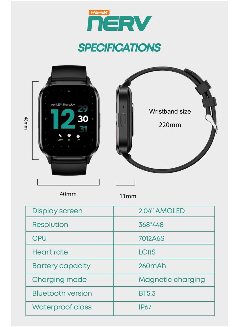 Smart Watch Pro - 2.04" AMOLED Always-On Display, Bluetooth Calling, Fitness Tracking, Sports Modes, Heart Rate & Sleep Monitoring, IP68 Waterproof, 260mAh Battery, Android & iOS Compatible