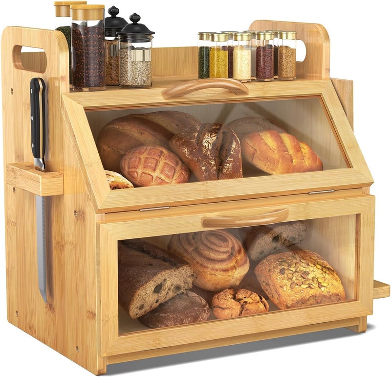BAMBANG Extra Large Bread Box, Double Layer Bread Box for Homemade Bread, Bamboo Wooden Bread Storage Container with Tool Holder & Handles & Window, Assembly Required(14.9" x 11" x 15.3") Natural - Image 1