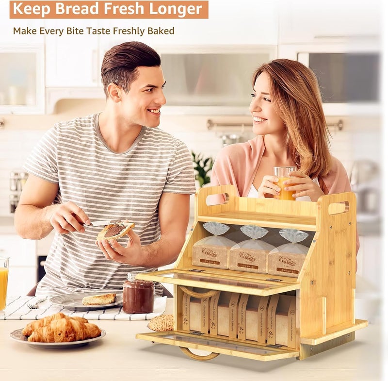 BAMBANG Extra Large Bread Box, Double Layer Bread Box for Homemade Bread, Bamboo Wooden Bread Storage Container with Tool Holder & Handles & Window, Assembly Required(14.9" x 11" x 15.3") Natural - Image 3