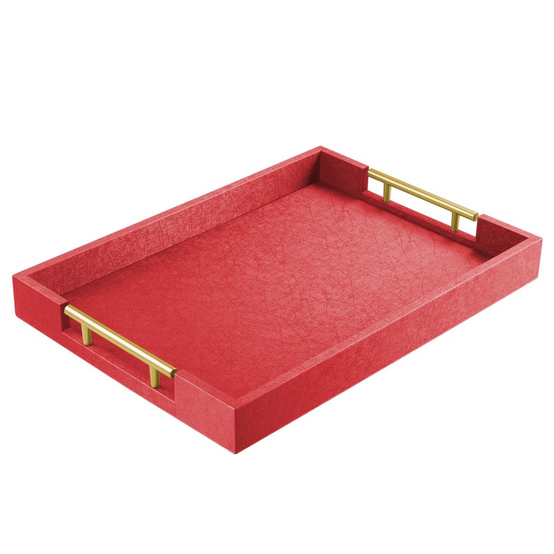 ATZYmolin 17 x 12 Wood Serving Tray with Gold Polished Metal Handles Home Decorative Wooden Rectangle Ottoman Leather Decor Platter Bathroom Vanity Tray for All Occasions Red - Image 2