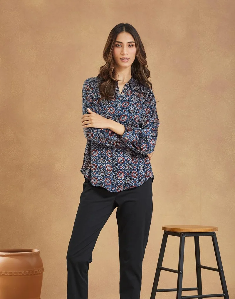 Fabindia Blue Viscose Blend Ajrakh Shirt