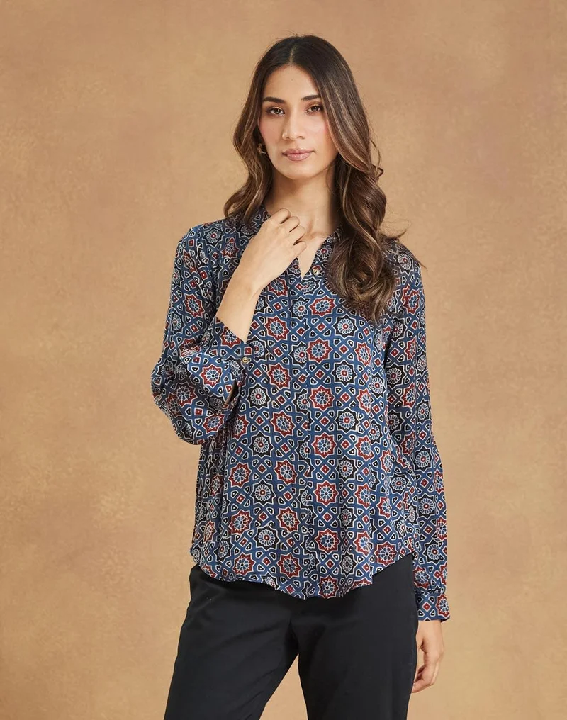 Fabindia Blue Viscose Blend Ajrakh Shirt