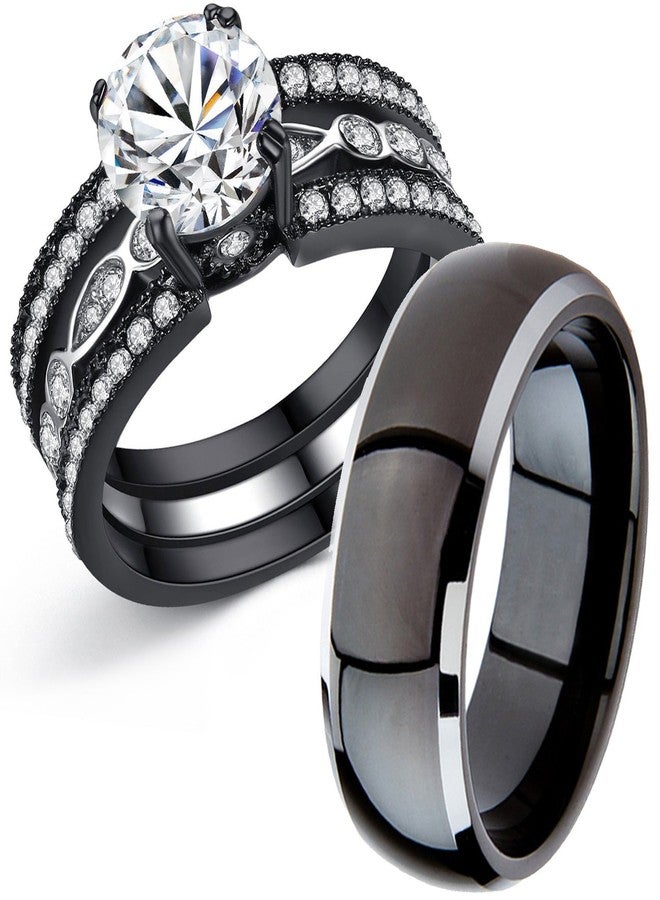 MABELLA Couple Rings Black Men’s Titanium Matching Band Women CZ Stainless Steel Engagement Wedding Sets Size Women 7 Men 11 - Image 2