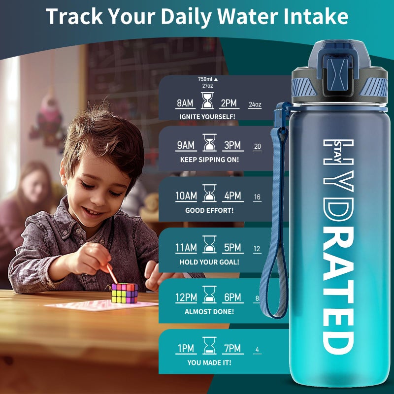 QLUR Water Bottle with Straw, 27oz Motivational Water Bottles with Time Marker to Drink, Tritan BPA Free, 750ml Sports Water Bottle with Carry Strap LeakProof for School Fitness Outdoor (1Pack) - Image 3