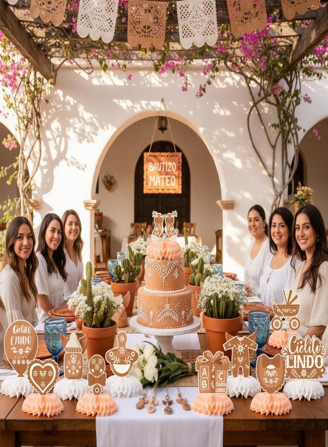 اياستي مجموعة إيستي المكونة من 12 قطعة من زينة حفلات استقبال المولود الجديد، قطع مركزية بنية اللون للطاولة، ديكور طاولة على شكل خلية نحل على طراز فييستا مكسيكية، مستلزمات حفلات الكشف عن جنس المولود - Image 4