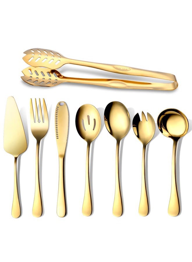 OGORI Gold Serving Utensils, 8-Piece Polished Stainless Steel Flatware Silverware Set Include Serving Spoon, Slotted Spoon, Soup Spoon, Cake Server, Fork, Salad Fork, Butter Knife, Serving Tong - Image 1