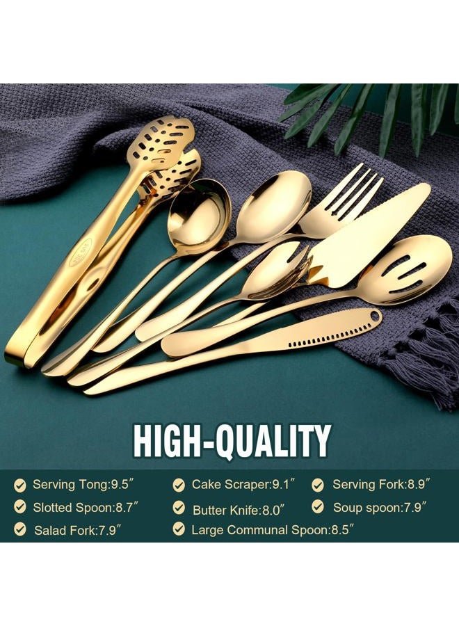OGORI Gold Serving Utensils, 8-Piece Polished Stainless Steel Flatware Silverware Set Include Serving Spoon, Slotted Spoon, Soup Spoon, Cake Server, Fork, Salad Fork, Butter Knife, Serving Tong - Image 2