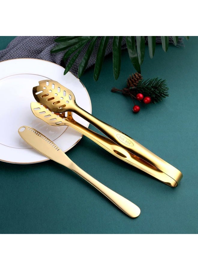 OGORI Gold Serving Utensils, 8-Piece Polished Stainless Steel Flatware Silverware Set Include Serving Spoon, Slotted Spoon, Soup Spoon, Cake Server, Fork, Salad Fork, Butter Knife, Serving Tong - Image 4