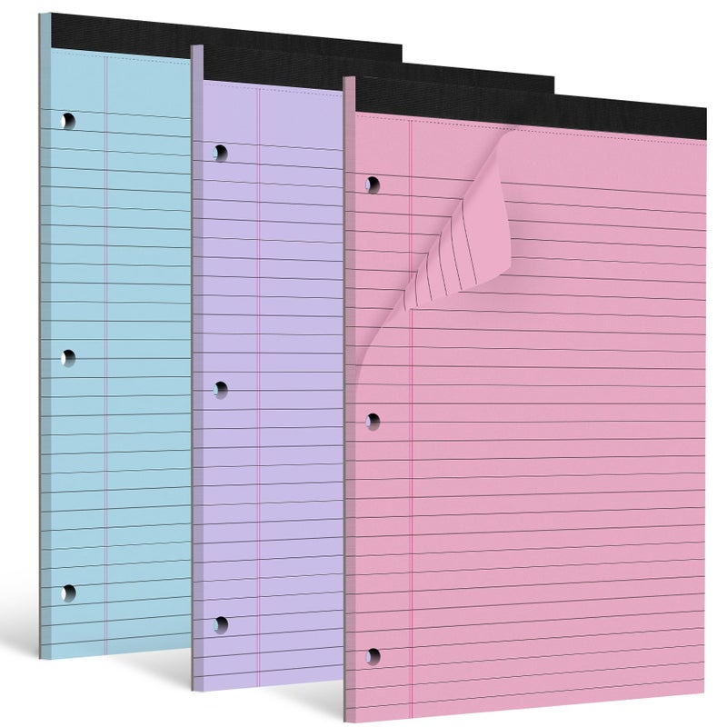 HAUTOCO 3 Pack 8.5 x 11 Legal Pads Colored Wide Ruled Notepads Perforated Writing Pads, 30 Sheets Per Notepad, 3-Hole Punched Paper, Writing Note Pads for School, Home, Office, Business - Image 1