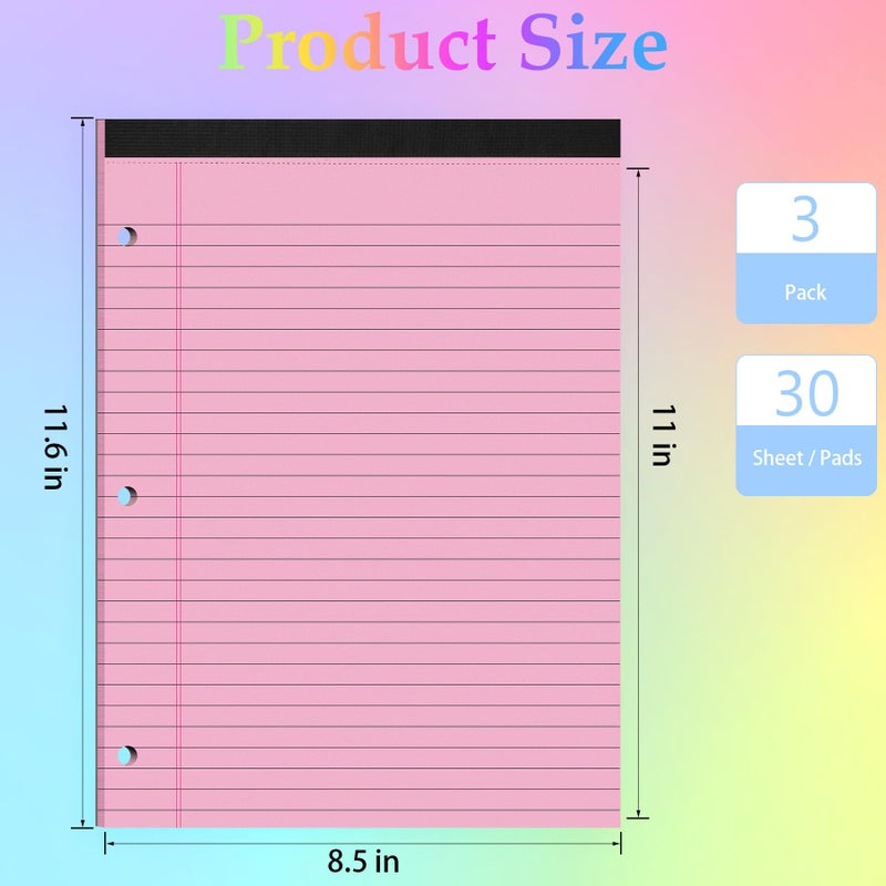 HAUTOCO 3 Pack 8.5 x 11 Legal Pads Colored Wide Ruled Notepads Perforated Writing Pads, 30 Sheets Per Notepad, 3-Hole Punched Paper, Writing Note Pads for School, Home, Office, Business - Image 2