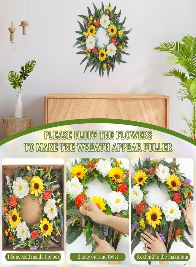 LOKEISNA Spring Wreaths and Summer Wreath, 26'' Sunflower Wreath Peony Wreath Eucalyptus Wreaths for Front Door Porch Farmhouse Home Decor, Bright Handmade Door Wreath for Wreath Decoration Gift - Image 5