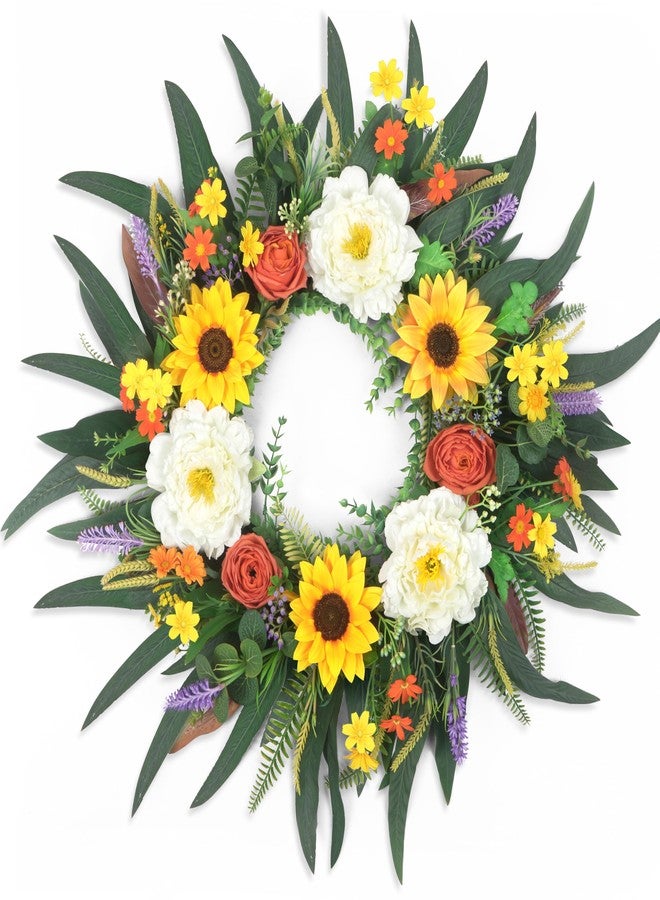 LOKEISNA Spring Wreaths and Summer Wreath, 26'' Sunflower Wreath Peony Wreath Eucalyptus Wreaths for Front Door Porch Farmhouse Home Decor, Bright Handmade Door Wreath for Wreath Decoration Gift - Image 1