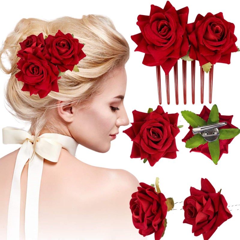 ASTRYAS 4Piece Rose Flower Hair Clip Set Red Rose Bridal Hair Pins Brooch Mexican Flower Hair Accessories for Party Wedding Flamenco Dancer for Women