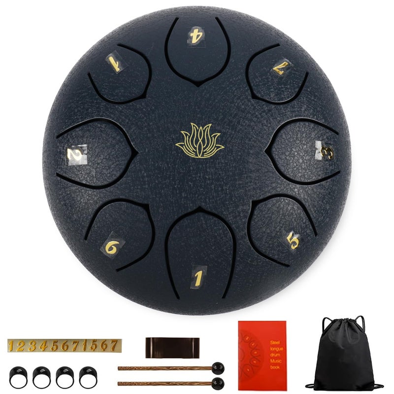 Eavnbaek Rain Chime Drum - 8 Note 6 Inch Rain Drum for Outside Garden, with Bag, Music Book, Drumsticks, Mallet Holder and Finger Paddles, Steel Tongue Drum for Gifts Yoga Education (Navy Blue) - Image 5