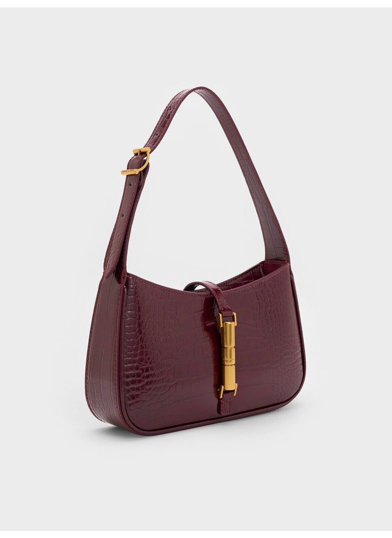 Charles & Keith CHARLES & KEITH Cesia Croc-Effect Metallic-Accent Shoulder Bag for Women - Burgundy  - Image 5