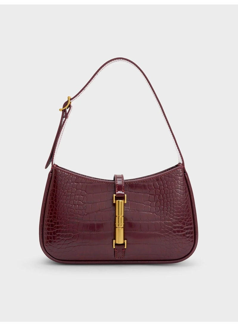 Charles & Keith CHARLES & KEITH Cesia Croc-Effect Metallic-Accent Shoulder Bag for Women - Burgundy  - Image 1
