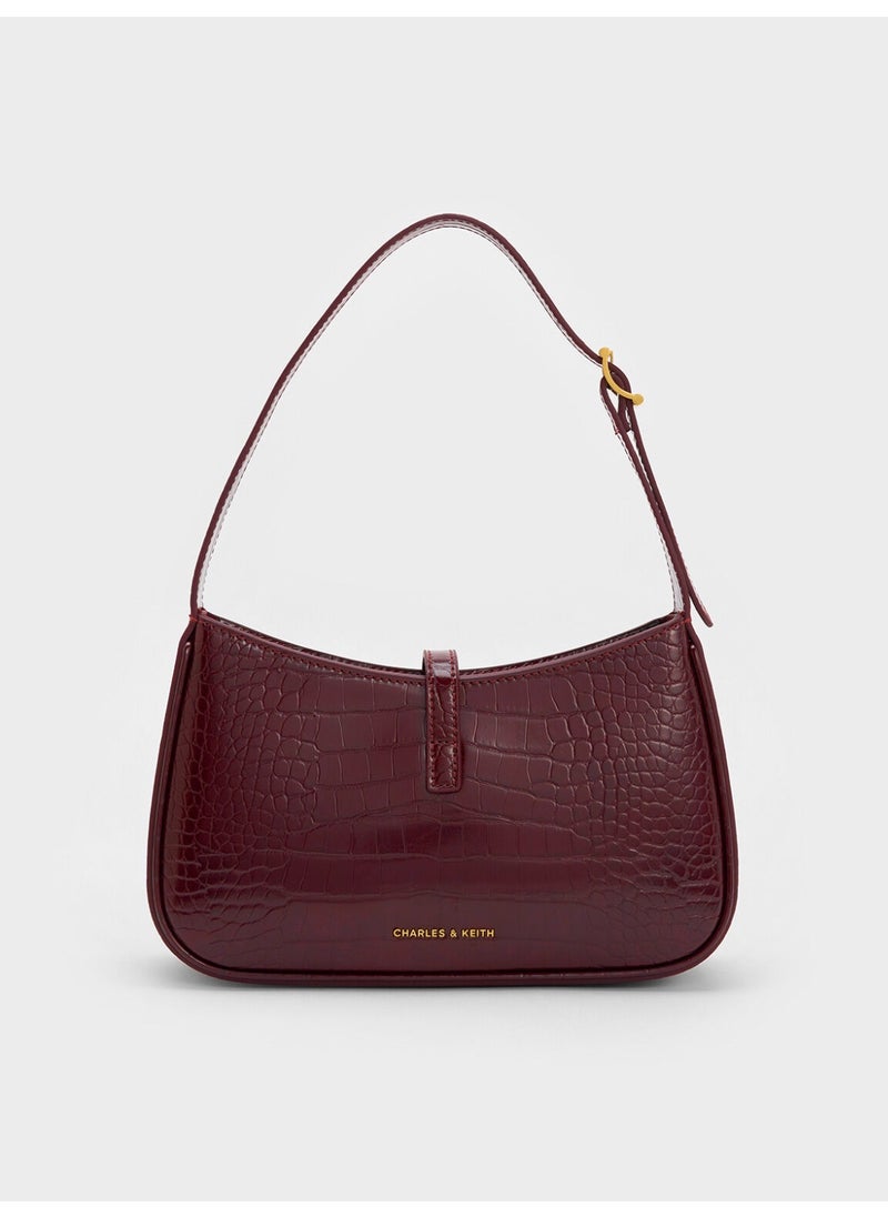 Charles & Keith CHARLES & KEITH Cesia Croc-Effect Metallic-Accent Shoulder Bag for Women - Burgundy  - Image 3
