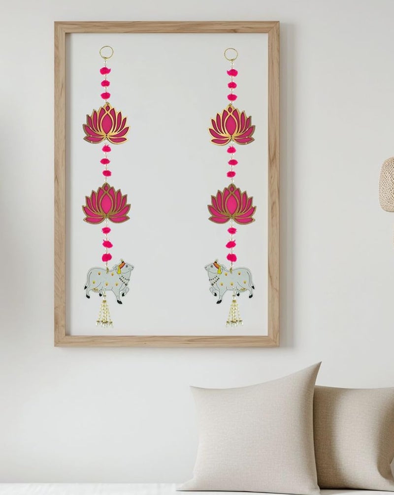 BENAVJI Door Entrance Hanging, Mandir Door Decorations Items, Pink Lotus with Cowcalf Style Hanging, Ganpati Decor & Diwali Decoration|Door Hanging | 2 Pieces | 23 Inch - Image 5
