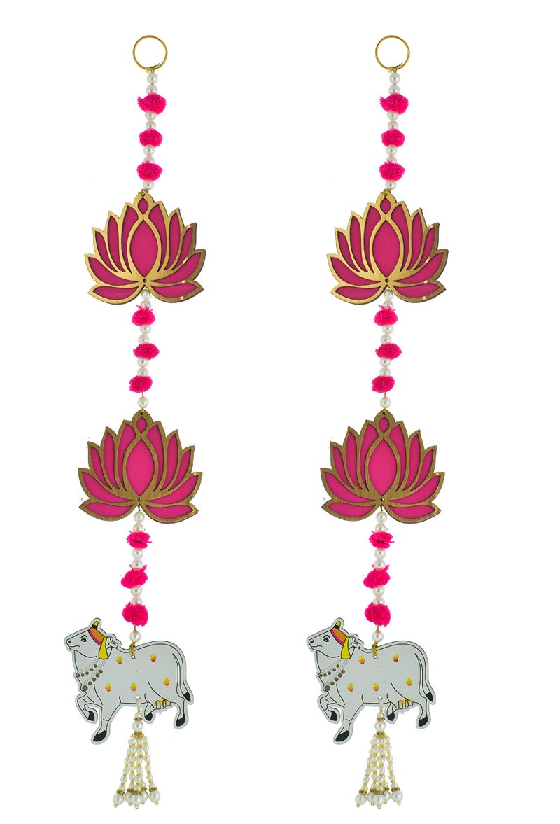 BENAVJI Door Entrance Hanging, Mandir Door Decorations Items, Pink Lotus with Cowcalf Style Hanging, Ganpati Decor & Diwali Decoration|Door Hanging | 2 Pieces | 23 Inch - Image 1