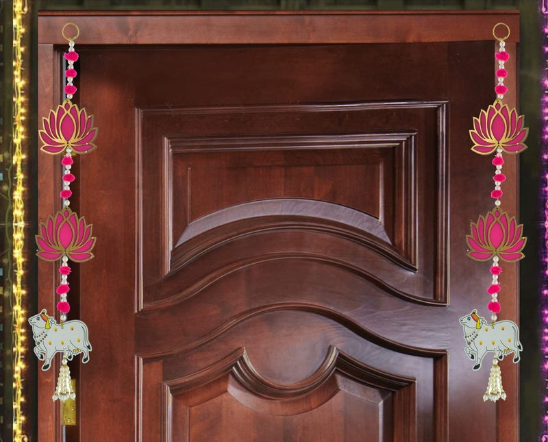 BENAVJI Door Entrance Hanging, Mandir Door Decorations Items, Pink Lotus with Cowcalf Style Hanging, Ganpati Decor & Diwali Decoration|Door Hanging | 2 Pieces | 23 Inch - Image 3