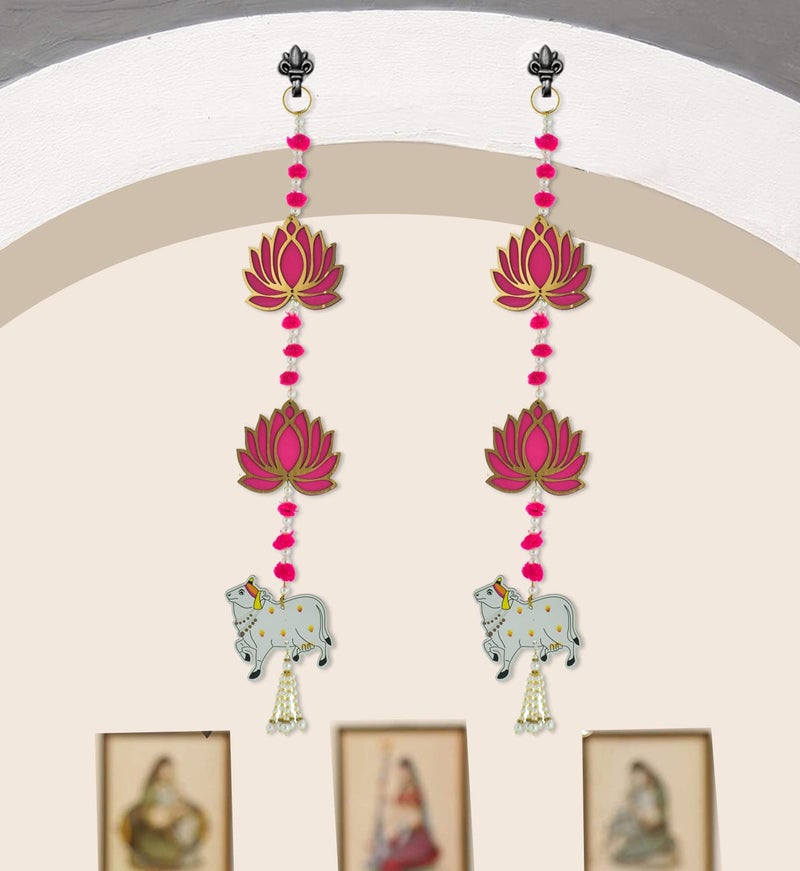 BENAVJI Door Entrance Hanging, Mandir Door Decorations Items, Pink Lotus with Cowcalf Style Hanging, Ganpati Decor & Diwali Decoration|Door Hanging | 2 Pieces | 23 Inch - Image 2