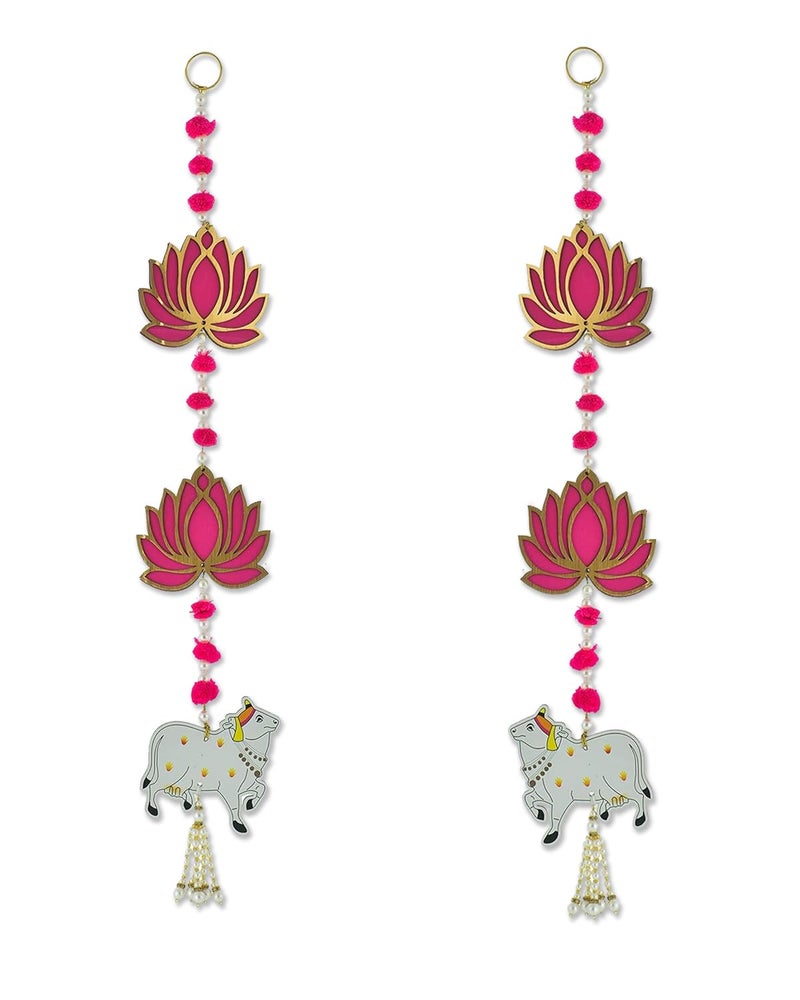 BENAVJI Door Entrance Hanging, Mandir Door Decorations Items, Pink Lotus with Cowcalf Style Hanging, Ganpati Decor & Diwali Decoration|Door Hanging | 2 Pieces | 23 Inch - Image 4
