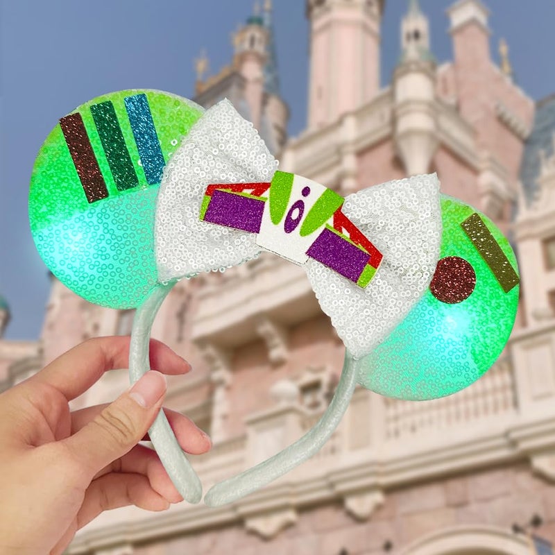 Tarocynn Mouse Ears Headbands with LED Light, 1PC Sequin Headbands Light Up Park Ears for Party Favors Cosplay Costumes Accessories (GreenWhite) - Image 2