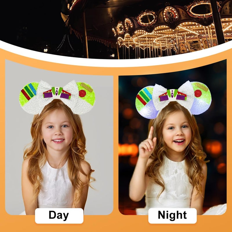 Tarocynn Mouse Ears Headbands with LED Light, 1PC Sequin Headbands Light Up Park Ears for Party Favors Cosplay Costumes Accessories (GreenWhite) - Image 3