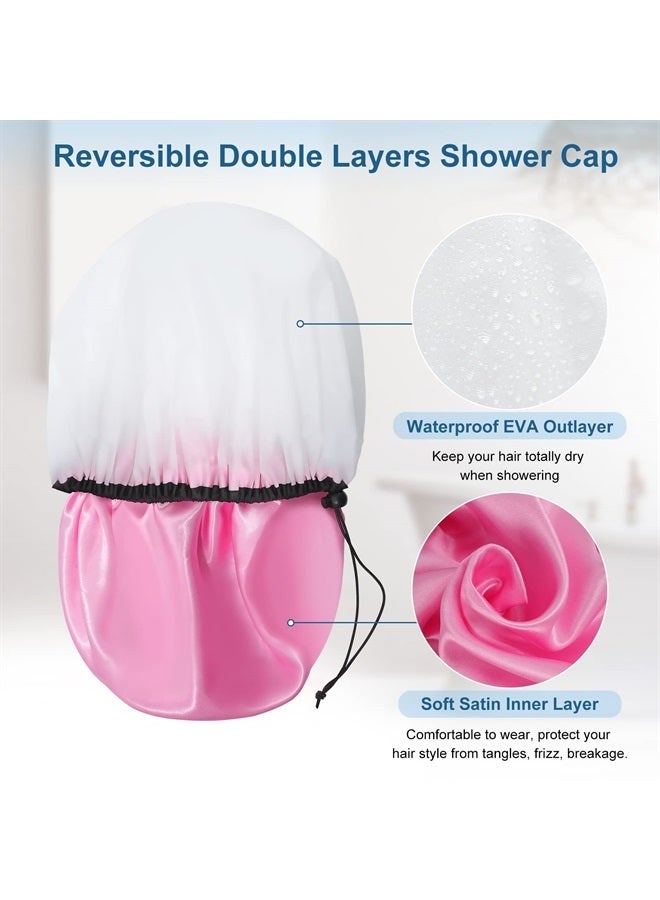 Sheomern Jumbo Shower Cap for Women, Extra Large Shower Caps Reusable Waterproof Satin Lined Shower Cap, XXL Adjustable Double Layer for Long Hair, Braids, Curly, Dreadlocks, Locs (3 Pcs)