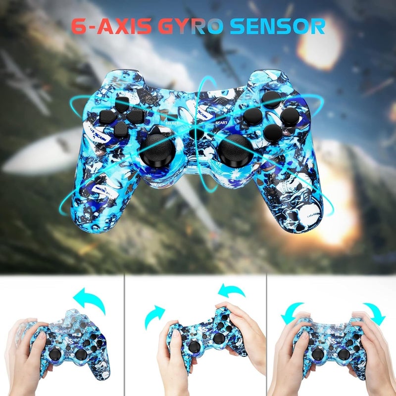 CHENGDAO جهاز تحكم CHENGDAO لـ PS3، حزمة مزدوجة من أجهزة التحكم اللاسلكية لـ PlayStation 3 6-Axis مع اهتزاز مزدوج عالي الأداء، تحكم حركي، كابل شحن USB (جمجمة + أزرق) - Image 4